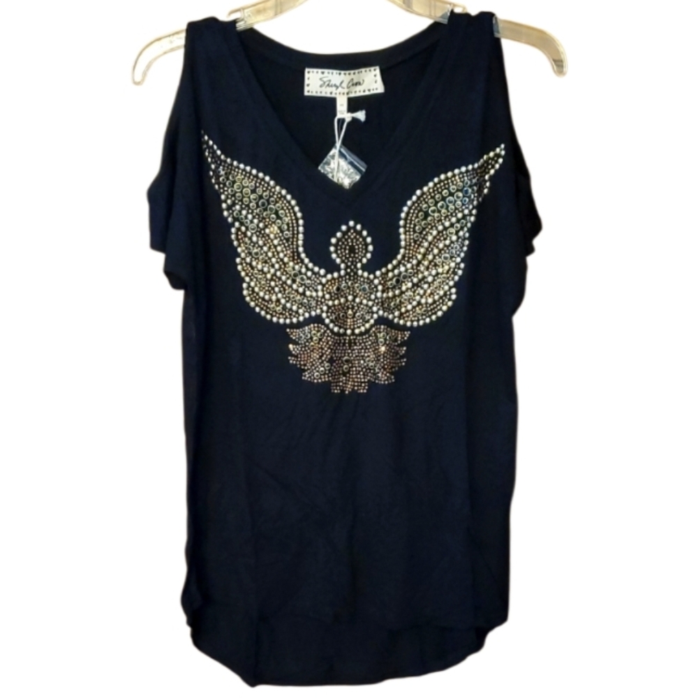 Sheryl Crow NWT Black Embellished Bird Cold Shoulder Punk Glam Rock Top Size XS